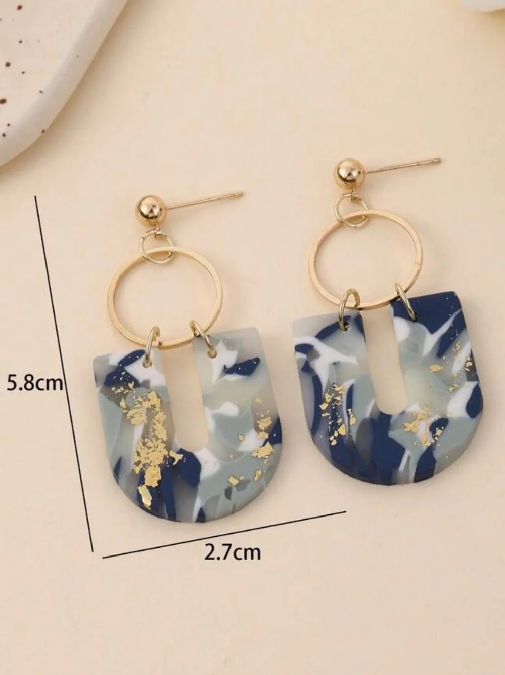 Gold Accent Navy Blue Marble Drop Earrings